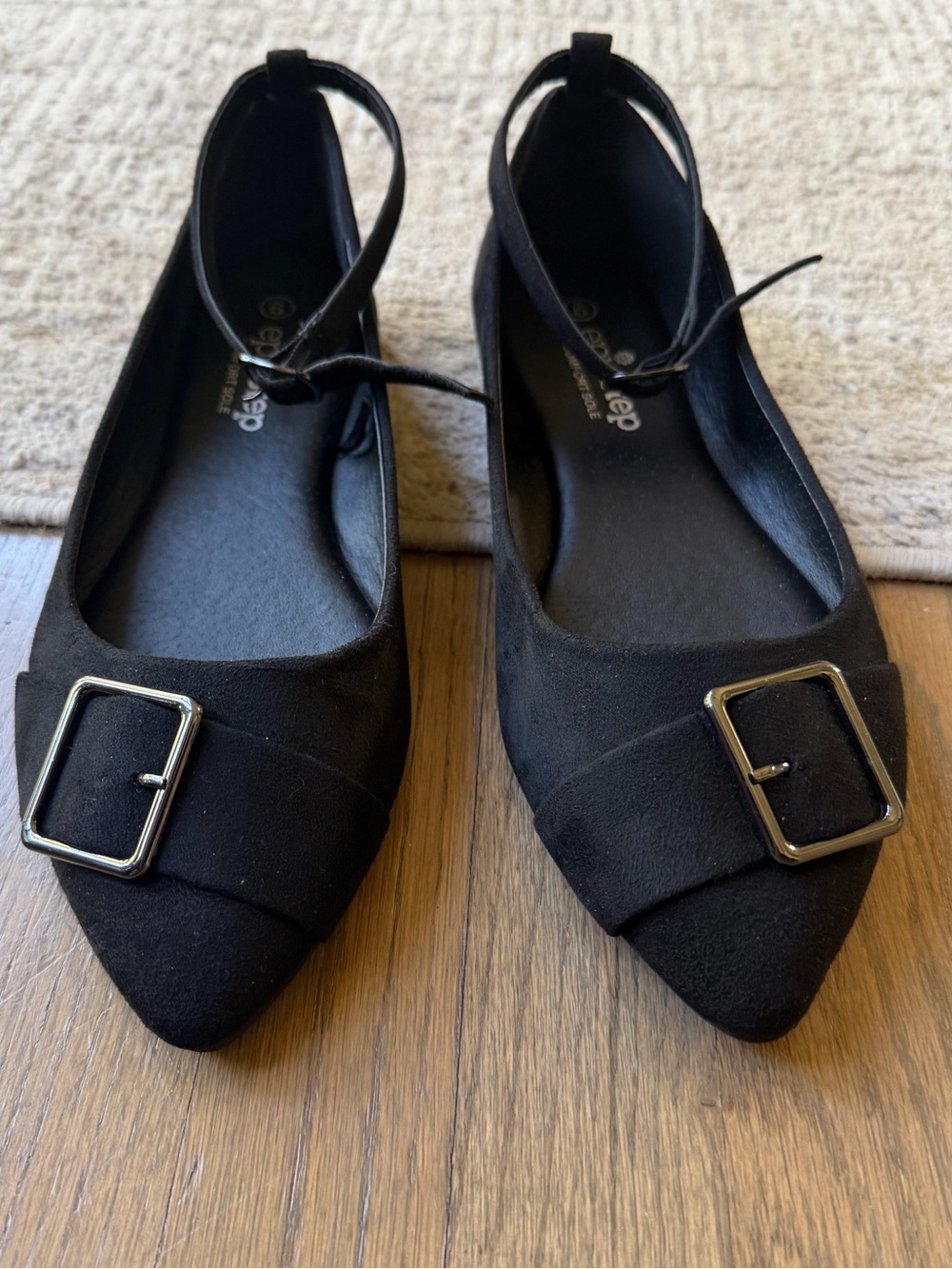 Pointed Black Ankle-Strap Flats with Decorative Buckle